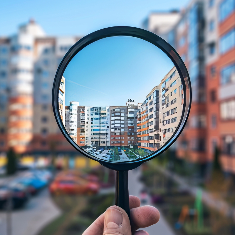 residential complex magnifying glass through